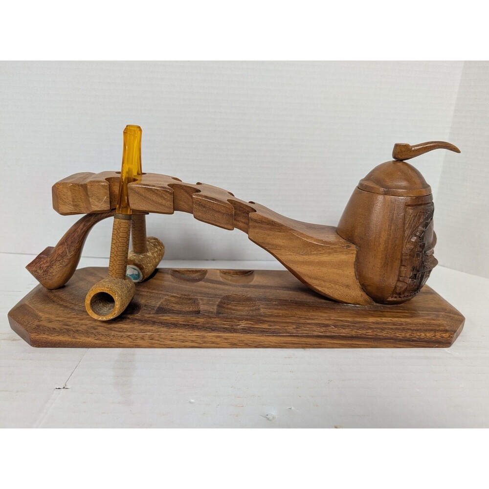 Vintage Wood Carved Native Folk Art Pipe Rack, Shaped As A Pipe